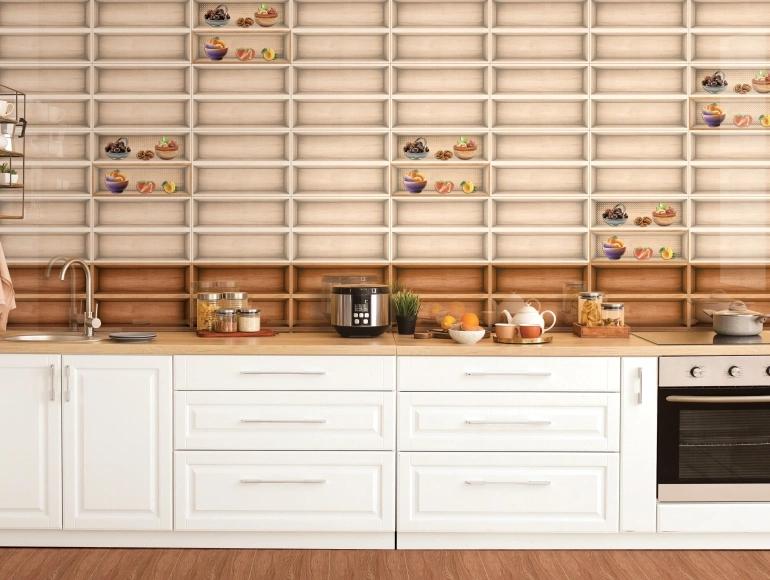 Modern open kitchen design with white cabinets, warm wooden countertops, and decorative accent tiles.